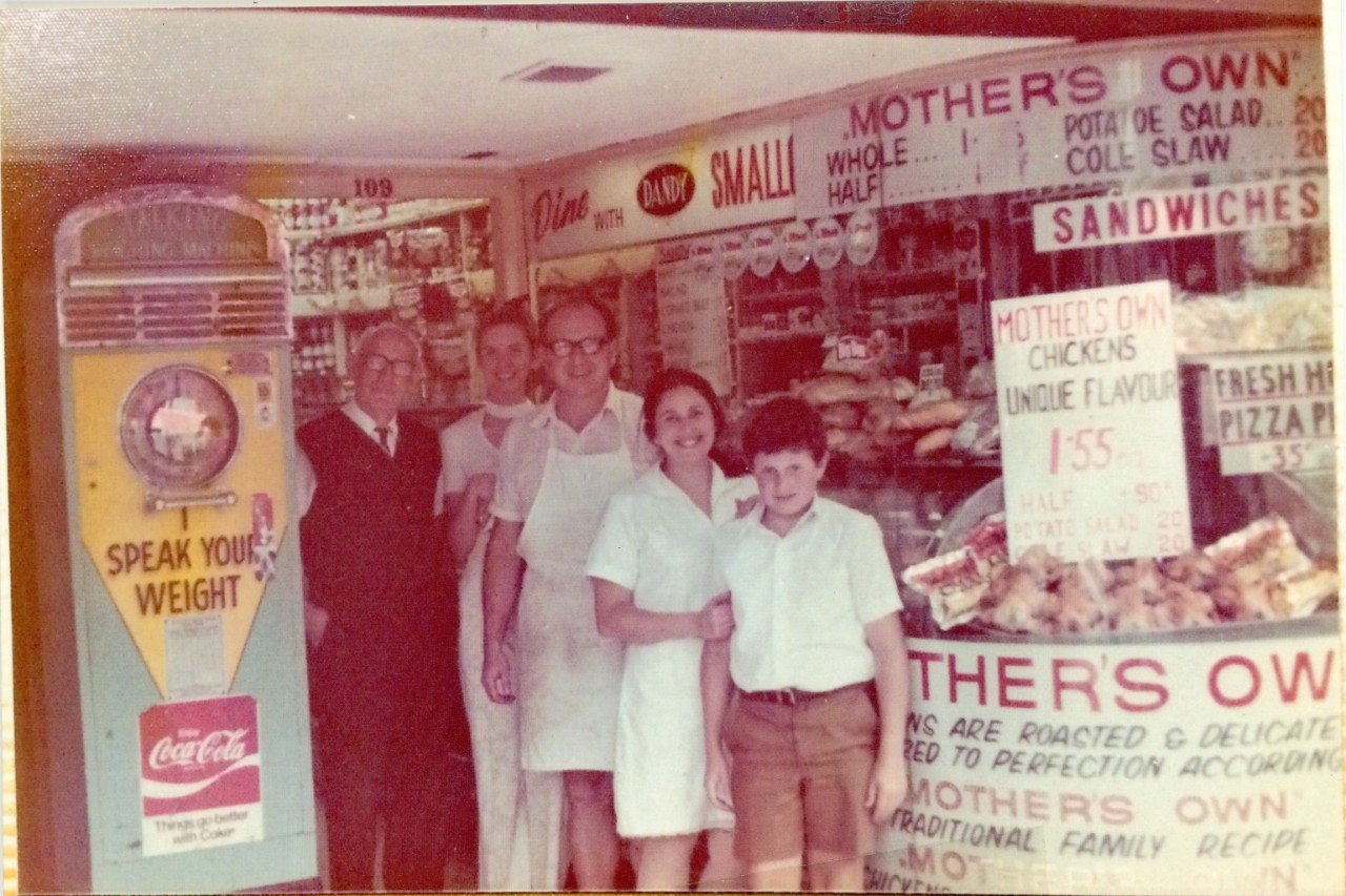Pali Visontay, a shop assistant, and Ivan, his wife, Eva, and Michael Visontay, outside Minerva deli in 1971. Photograph: Visontay family