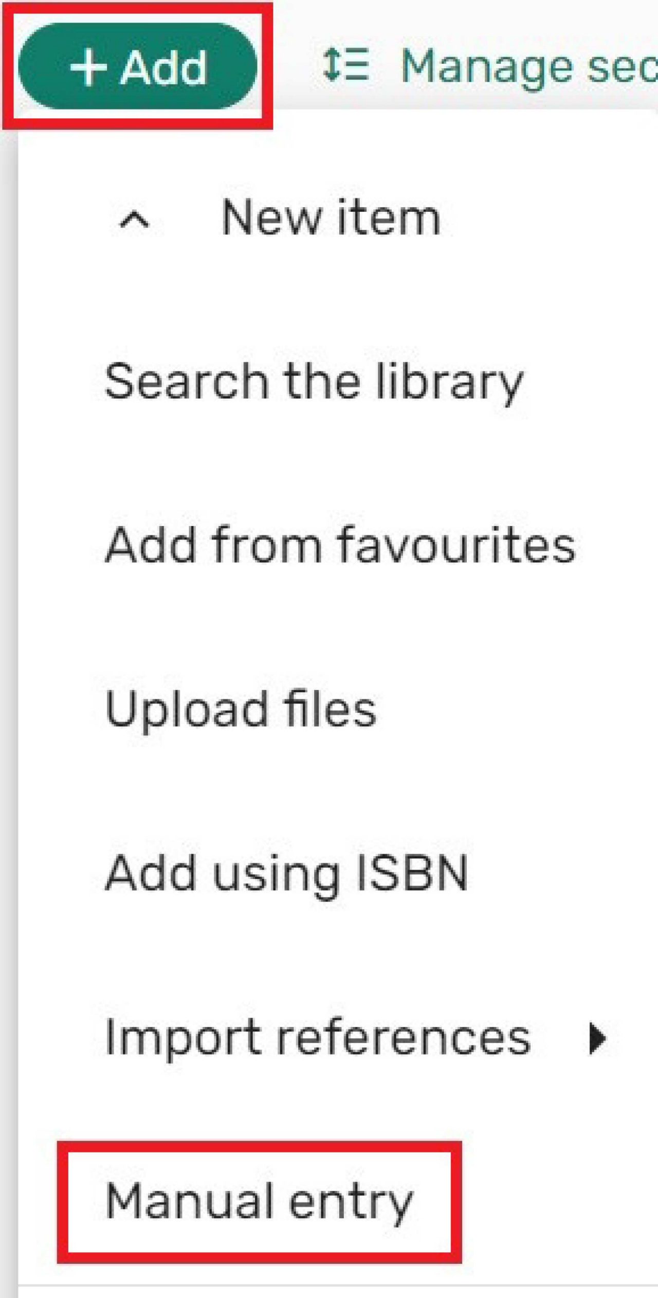 Screenshot of the add button and the manual entry button.