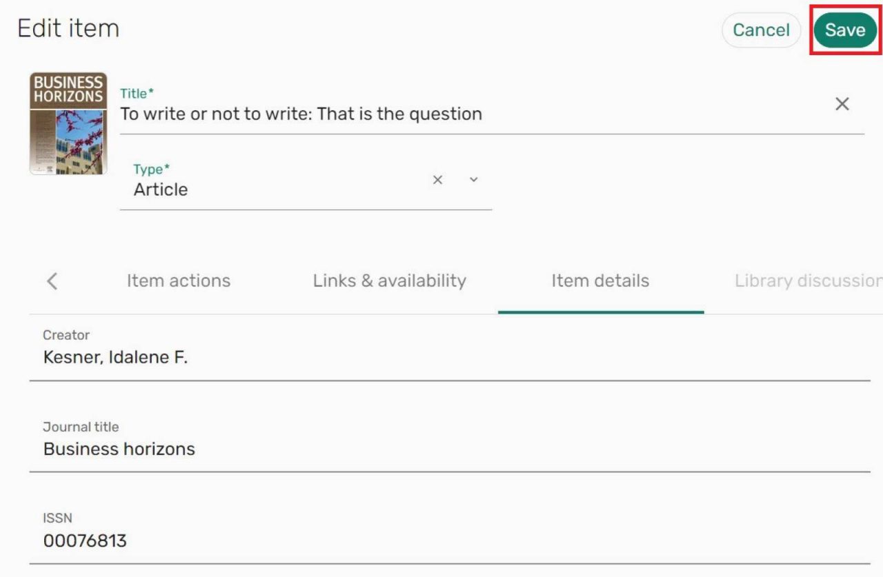 Screenshot of the item details tab in the edit item view. Shows fields that can be edited: creator, journal title, ISSN and save button.