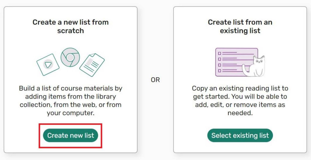 Screenshot of create new list and select existing list buttons.  