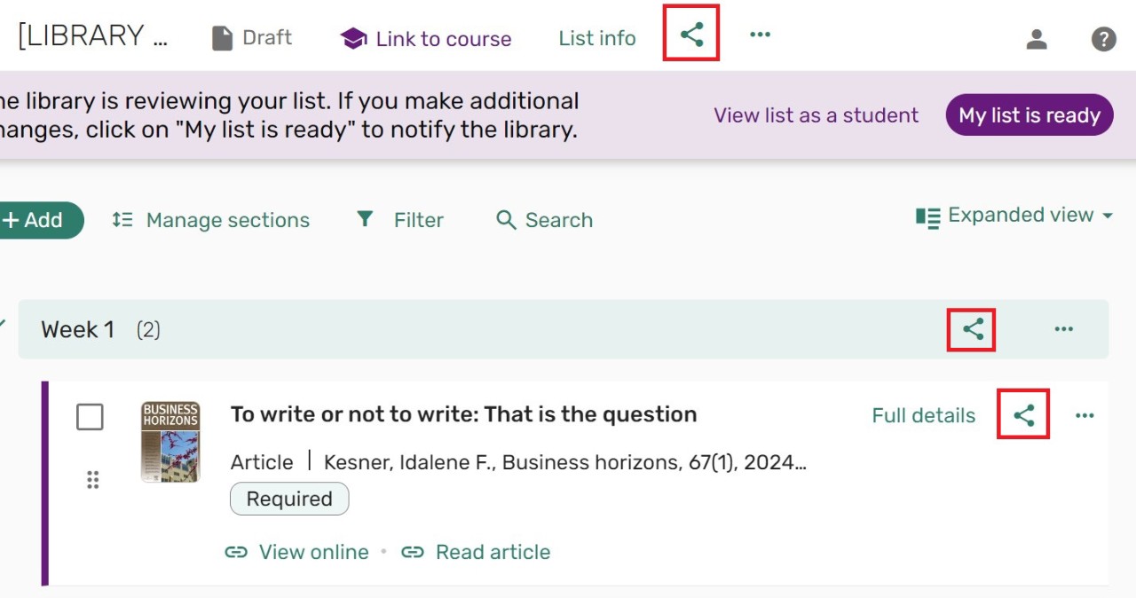 Screenshot of three share symbol buttons to share Reading List, section or item. 